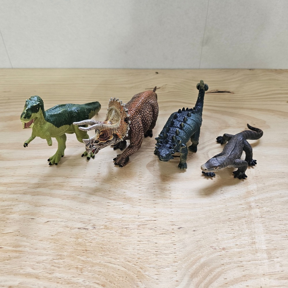 Dinosaur Toy Figure Lot T-Rex Triceratops Ankylosaurus Komodo Dragon 4pc Set